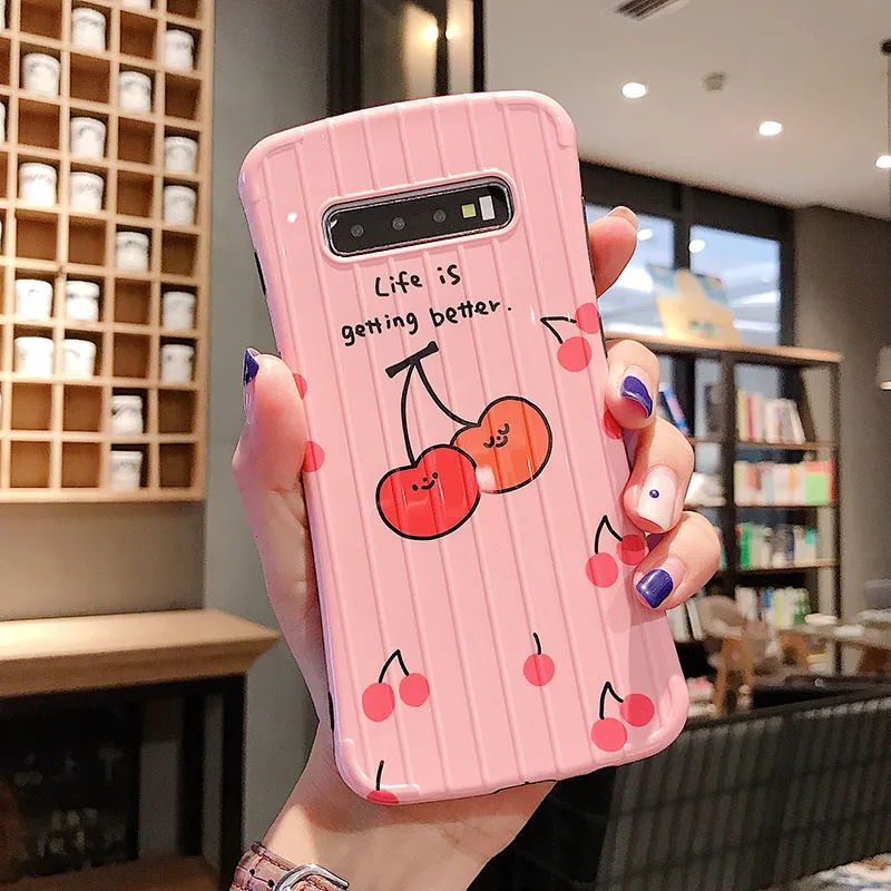 YHBBCASES 3D Stria багаж мягкие чехлы для samsung Galaxy S10 Plus S8 S9 Мультфильм клубника вишня чехол для samsung Note 10 8 9 - Цвет: Cherry