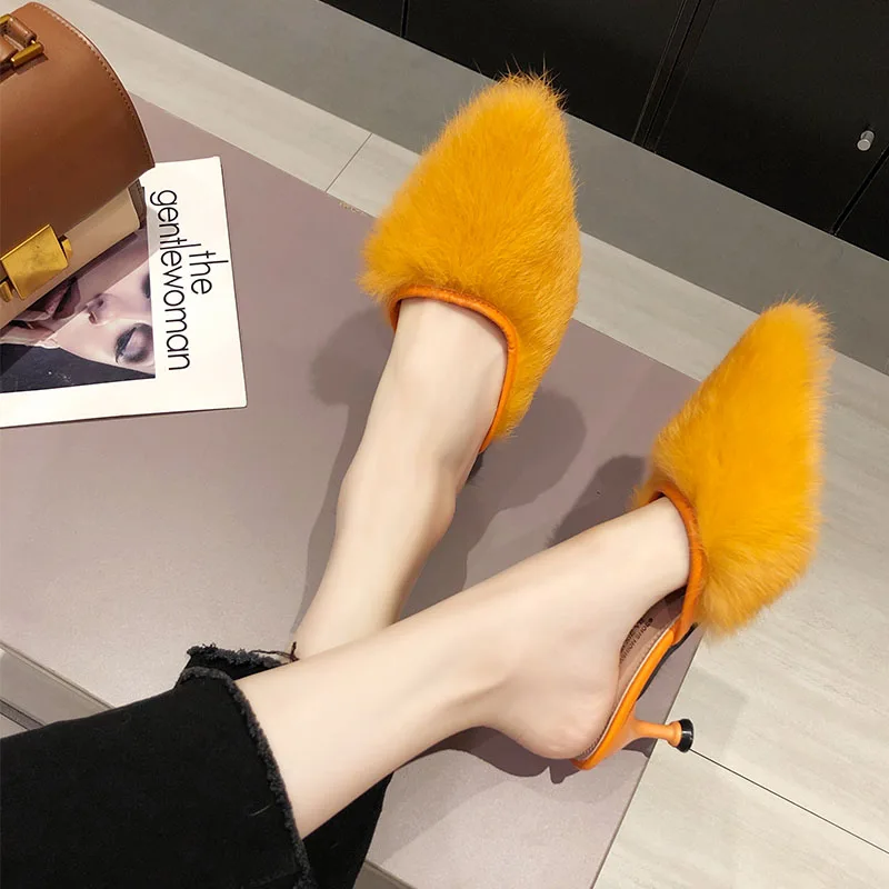 

2019 Women Slippers Mules Shoes Outside Fur Fashion Slides Ladies Women Pumps Slippers 6cm Heels Female Lady Shoes For Women