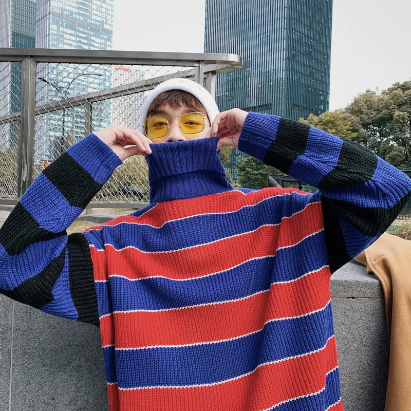 2019 Autumn And Winter Men's New Youth Korean Version Of Casual Stitching Stripes Trend Hit Color Loose Turtleneck Sweater 2019 Autumn And Winter Men's New Youth Korean Version Of Casual Stitching Stripes Trend Hit Color Loose Turtleneck Sweater