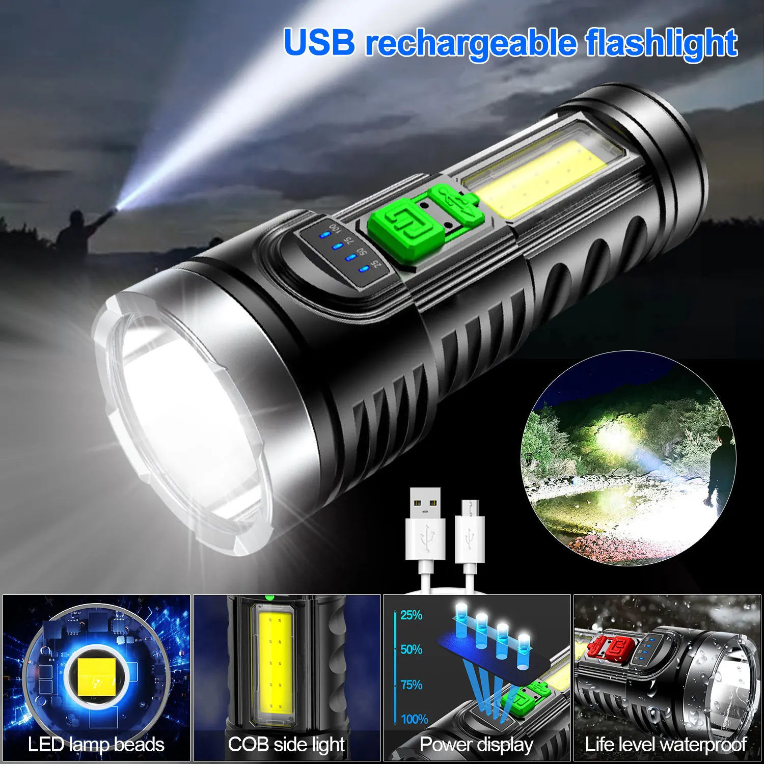 

Outdoor Multi-function Flashlight USB Rechargeable Torch 4 Modes Tactical Lamp with Side Light LED Light for Camping Hiking
