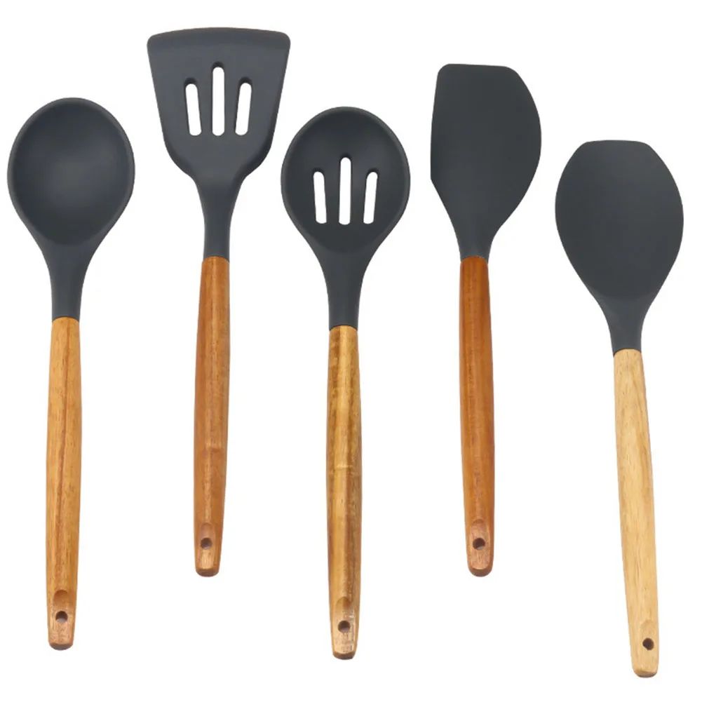 5PCS/Set Utensil Set Spatula Cooking Omelets Non-stick Wood Handle Spoon Tool Silicone Slotted