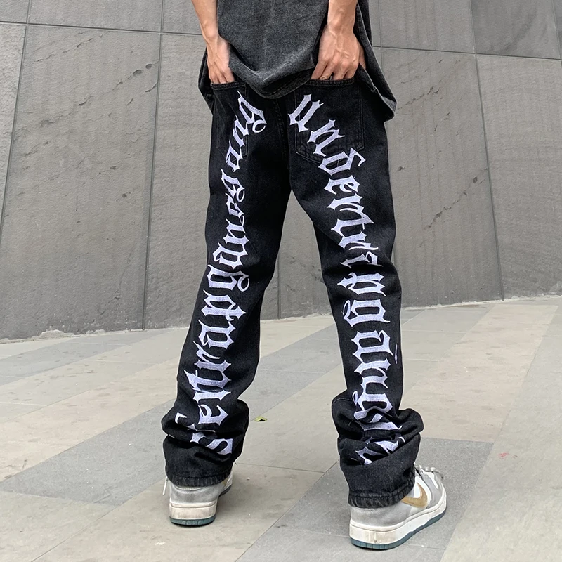 Mens Letter Embroidery Ripped Jeans 