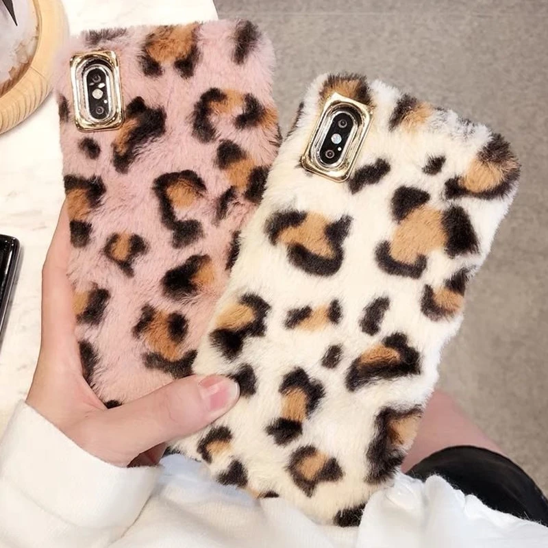 Милый пушистый мех кролика чехол для телефона iPhone X XS Max XR 8 7 6 6S Plus Леопардовый