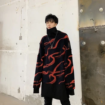 

2019 Men Autumn Winter Turtleneck Loose Casual Long Sleeve Hole Print Pullover Hoodie Male Streetwear Hip Hop Long Sweatshirt