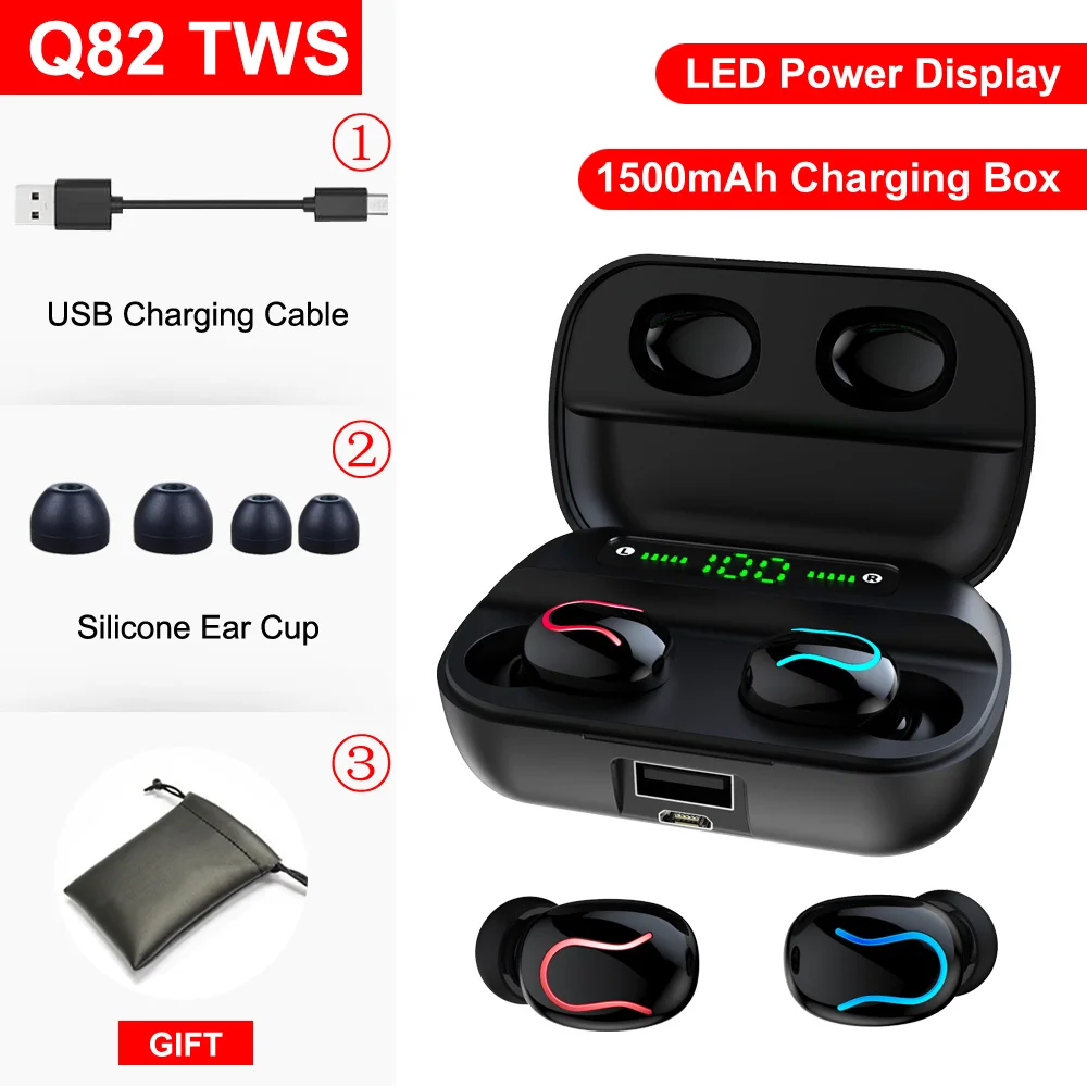 Black Q82 TWS Bluetooth наушники вкладыши беспроводные наушники Handsfree Bloototh гарнитура Ture беспроводные наушники для телефона Android iOS - Цвет: Black
