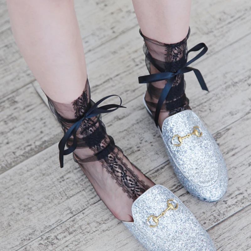 CINOON Summer Sexy Silk Ultrathin Girl Socks Lace Transparent Mesh Women Socks Solid Soft Female Crystal Silk Short Socks