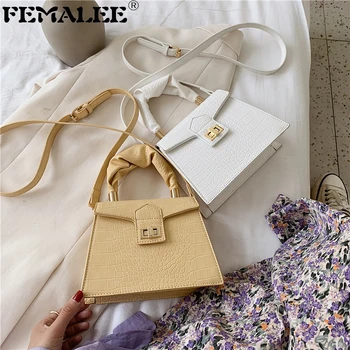 

Elegant Crocodile Pattern Small Square Handbag Designer Fold Strap Portable Lock Crossbody Bag Solid PU Messenger Bag Clutch Bag
