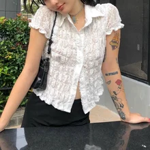 

2021 Spring Summer Sweet Lace Shirt White Women Turn-down Collar Short Puff Sleeve Tops Single Breasted See Through Sexy Tee y2k