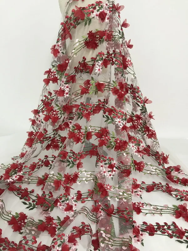 1 ярд Mori Красный цветок вышивка ткань свадебное платье юбка ручной работы diy кружевная ткань аксессуары дизайнерские ткани для лоскутов