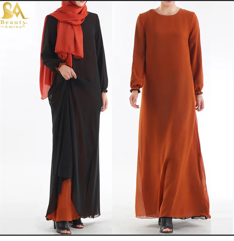 

Luxury Silk Abaya Both Sides Fake 2PCS Muslim Maxi Dress Cardigan Long Robe Gowns Jubah Kimono Ramadan Islamic Worship Service