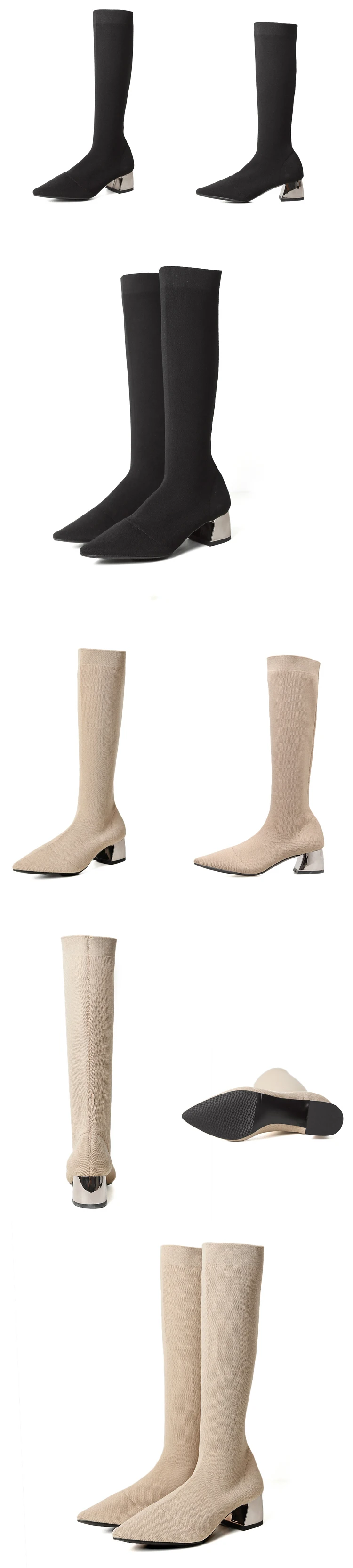 Eilyken/женские зимние сапоги; шерстяные вязаные сапоги-носки; обувь на квадратном каблуке; пикантные сапоги до колена с острым носком; эластичные сапоги
