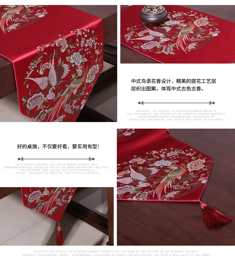 Классический китайский стиль Птицы и цветы настольная дорожка Красная Вышивка настольный флаг украшение для свадебной вечеринки с кисточками