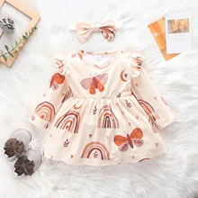 Infant Princess Dress Baby Rainbow Long-sleeved Bow Turban Casual Dresses for Kids Clothes