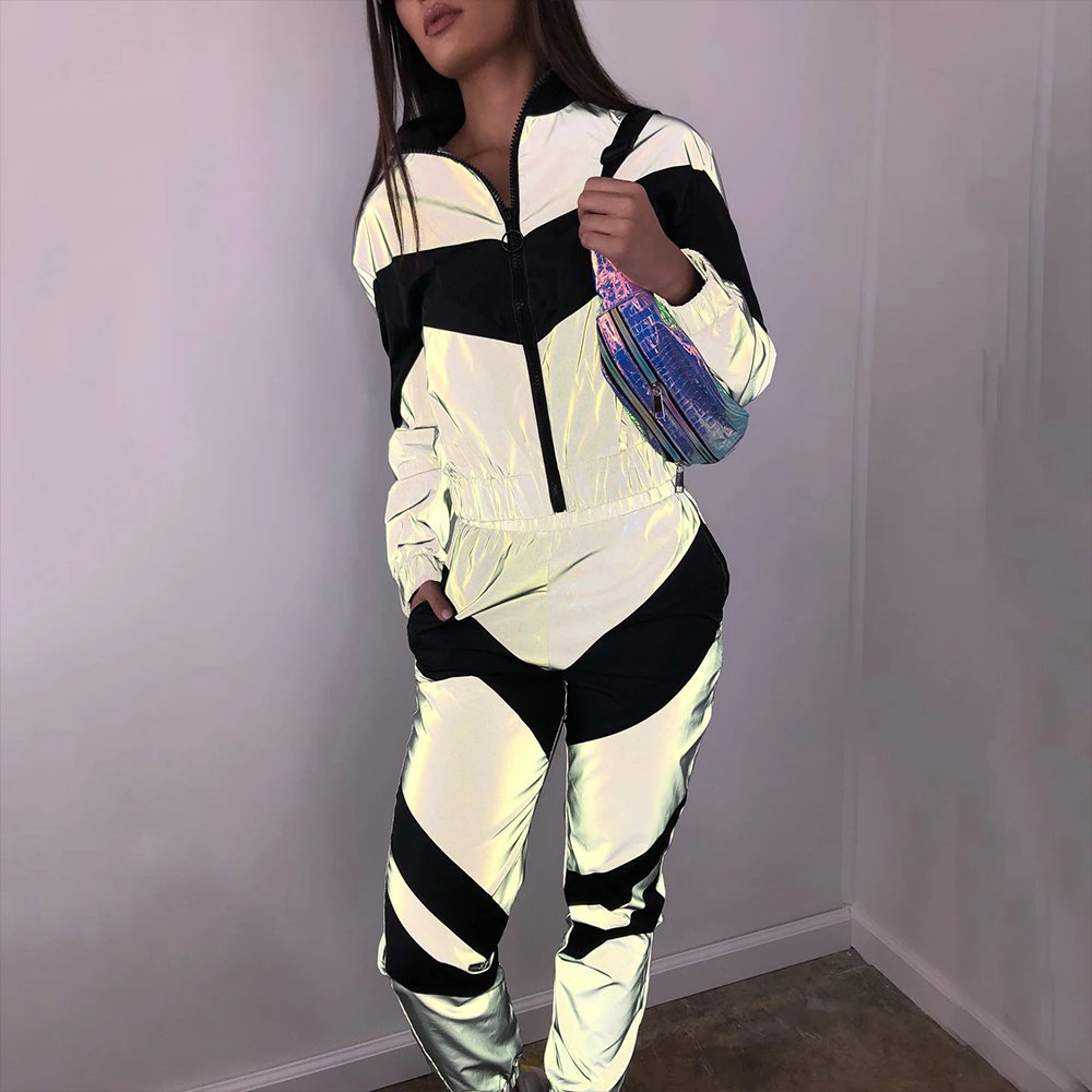 

Autumn Patchwork Women's Tracksuit Reflective Set O-Neck Long Sleeve Zipper Coat Elastic High Waist Long Pants 2 Piece Set Women
