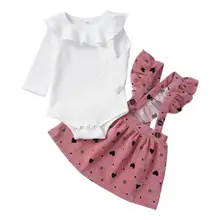 Комплект осенней одежды из 2 предметов для маленьких девочек, комбинированный комбинезон с круглым воротником и длинными рукавами, юбка с принтом в виде сердечек