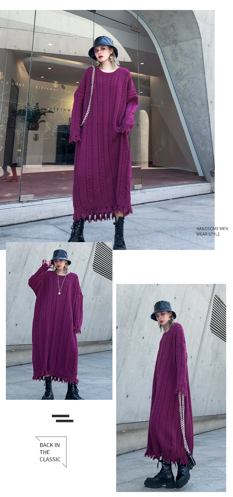 Новинка, модное повседневное плотное платье-свитер размера плюс, однотонное зимнее платье, 3 цвета, вязаное свободное женское платье с кисточками