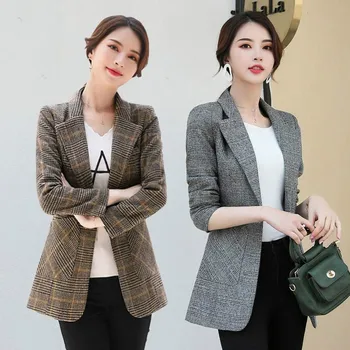 

YOCALOR Vintage Office Lady Notched Collar Plaid Women Blazer Single Button Autumn Jacket 2020 Casual Pockets Female Suits Coat