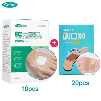 

Cofoe 10pcs 6x7cm Waterproof Sterile Gauze Pad +20pcs 7.2*2.2cm First aid Adhesive Wound Dressing Pad Plasters wound care tool