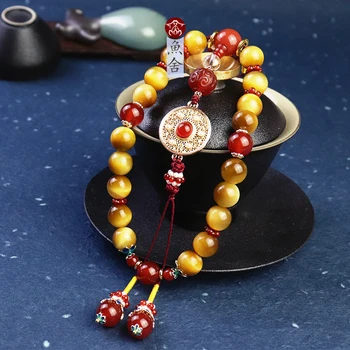 

Tiger Eye Stone Qing Dynasty palace 18 sons pressing Lapel cheongsam beads pendant with Chinese Ancient Style Bracelet