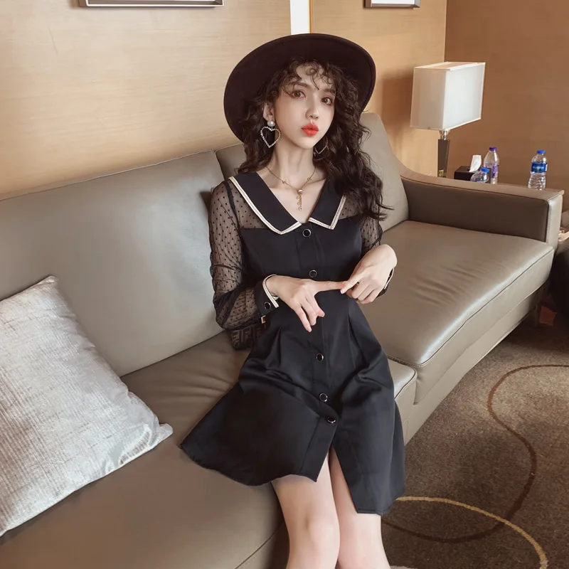 

Photo Shoot 2019 Early Autumn New Style Online Celebrity WOMEN'S Dress Entity Graceful Peter Pan Collar Hepburn Black Dress Dres