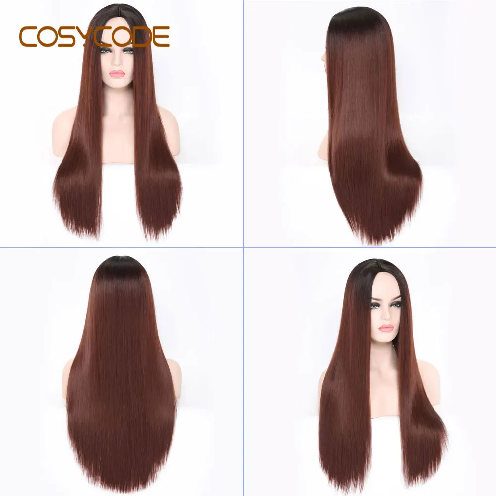 COSYCODE, 24 дюйма, женские парики, черные, длинные, прямые, средняя часть, некружевные, синтетические парики для косплея, вечерние - Цвет: red-brown