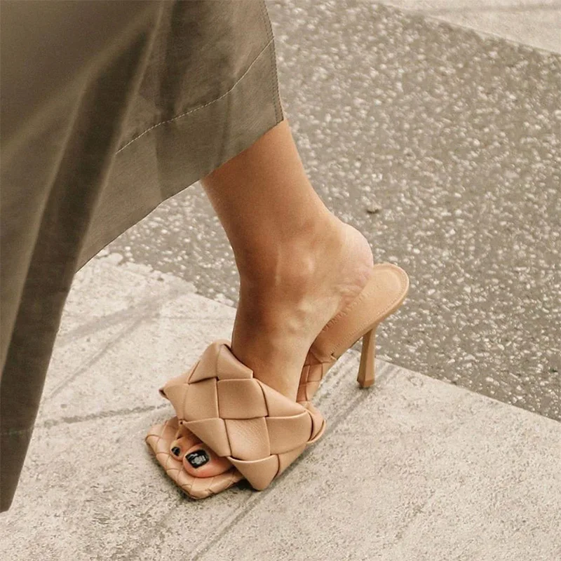

2020 New Leather Square Toe Sandals Women Checkered Slip On High Heels Slippers Women Fashion Sexy Shoes Women Sandalia Feminina
