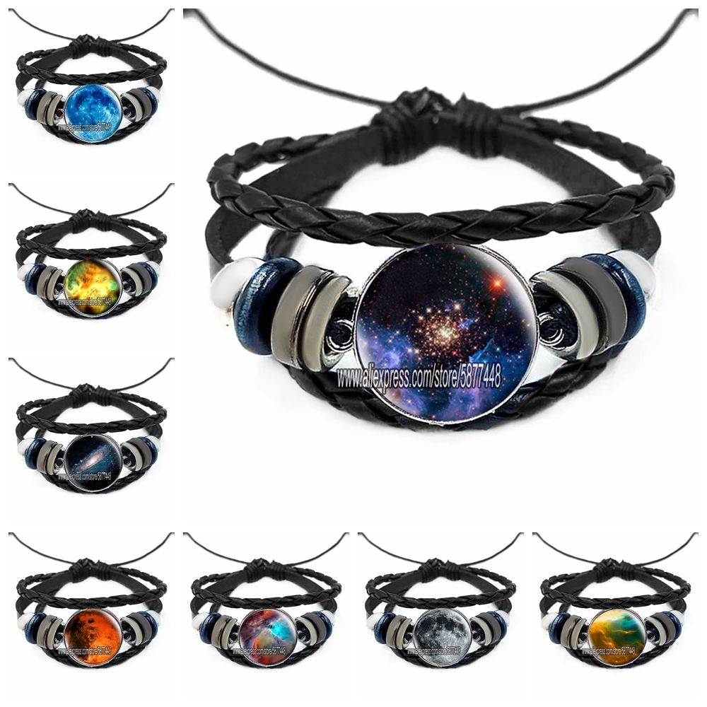 Galaxy Astronomy Leather Bracelets Nebula Art Glass Black Charm Multi