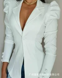 2021 novo blazer de cintura de um botão de manga puff feminino