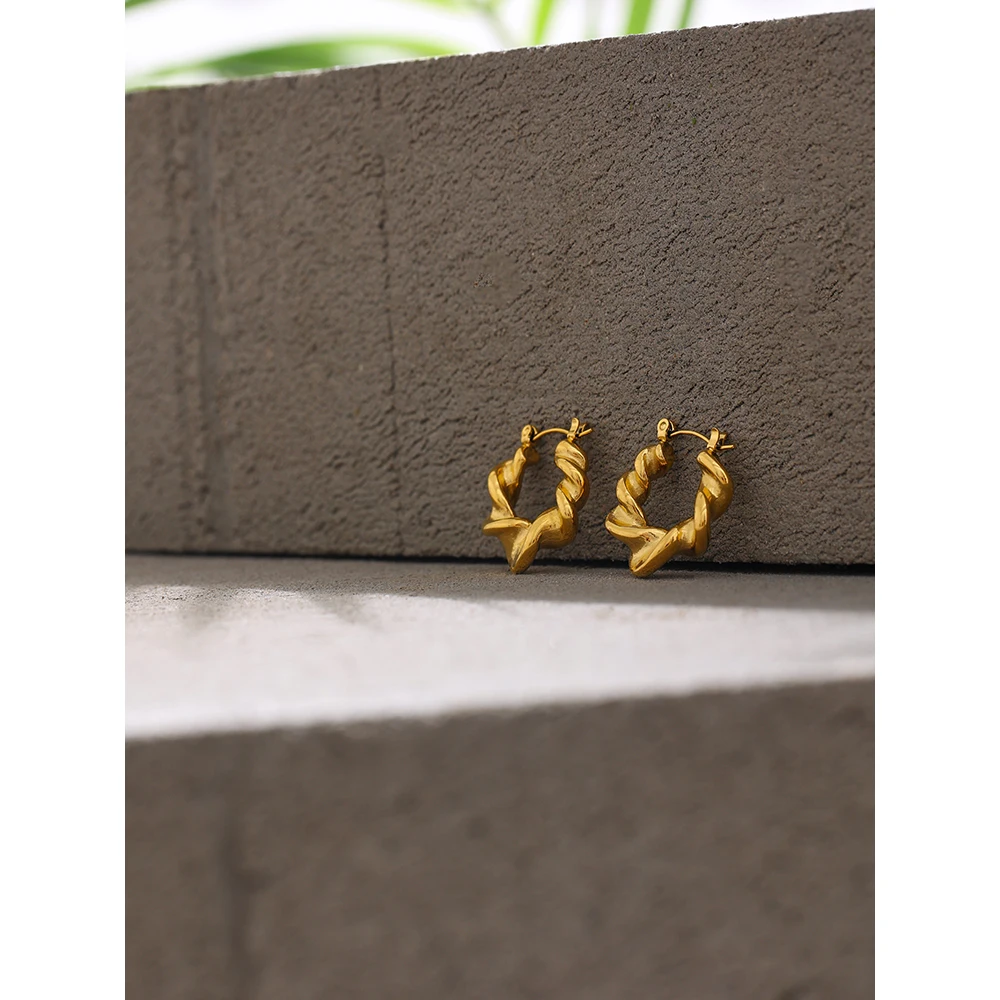 Yhpup Stainless Steel Twist Hoop Earrings Metal 18 K Gold Plated Temperament Jewelry Minimalist Geometric Summer Gift Waterproof