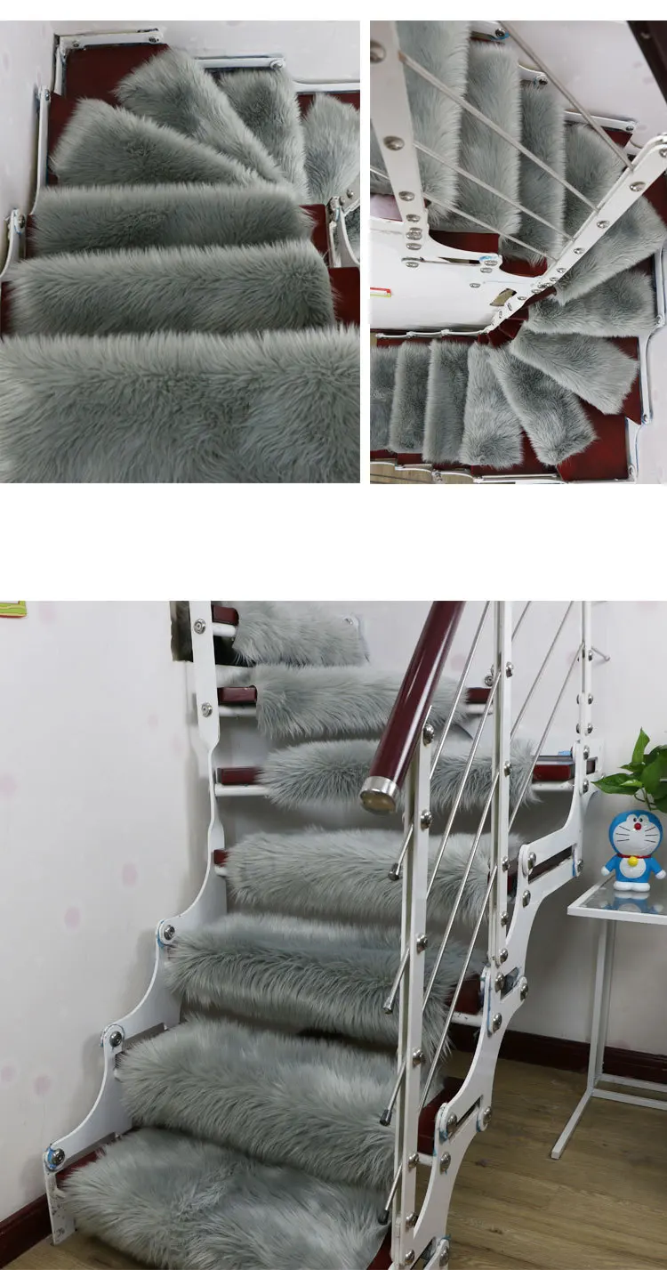 13Pcs Soft Stairs Carpet Long Plush Faux Wool Rug Non Slip Rectangle Stair Tread Mats Step Rug Carpet Protection Cover