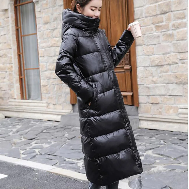 Зимнее длинное пуховое пальто для женщин, Толстое Зимнее пальто с капюшоном на молнии размера плюс, ветрозащитная зимняя верхняя одежда, 90% белый утиный пух, теплая куртка