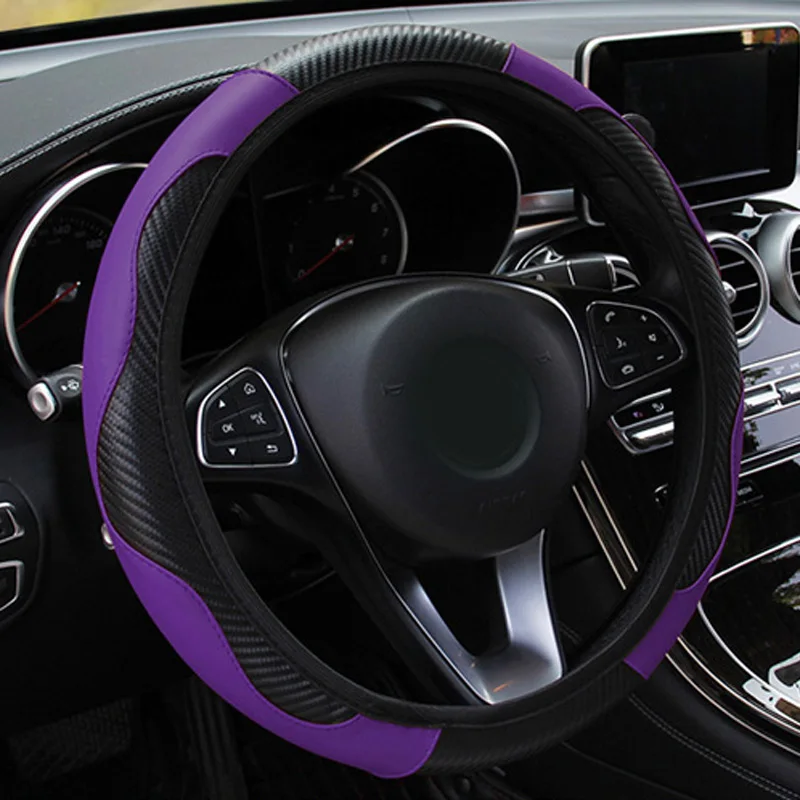 Кожаный чехол рулевого колеса автомобиля из углеродного волокна для рулевого колеса диаметром 37-38 см украшение салона автомобиля Черный Фиолетовый