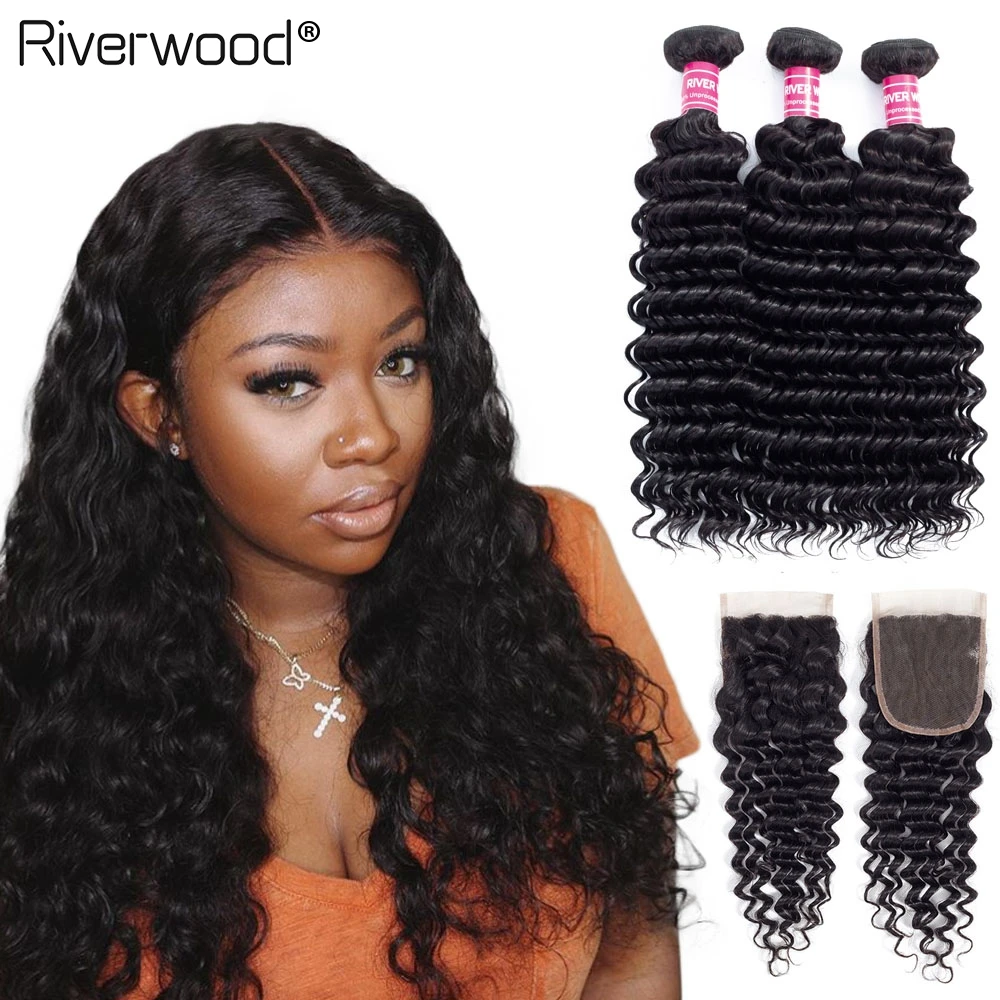 2/3-Bundles Closure Hair-Extensions Human-Hair Deep-Wave Remy Brazilian with Lace Weave