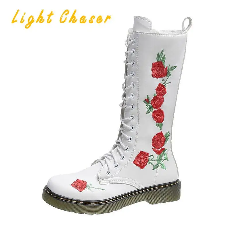 Spring Autumn Booties Female Plus Size 35-43 Sexy High Boots Knee-high Pu Boots Embroidered High Heels For Women Fashion Shoes
