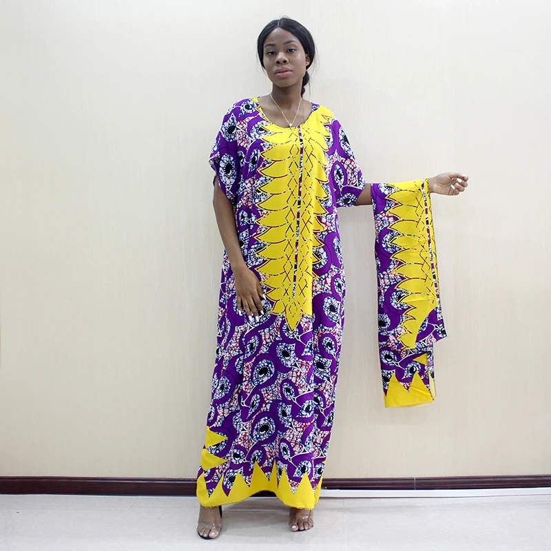 

Casual African Women's Dress Autumn Print Loose Cotton Maxi Dress for Ladies with Scarf