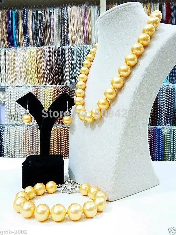 Wholesale&gt&gtHandmade 12mm Yellow South Sea Shell Pearl Necklace Bracelet Earrings A Set | Украшения и аксессуары
