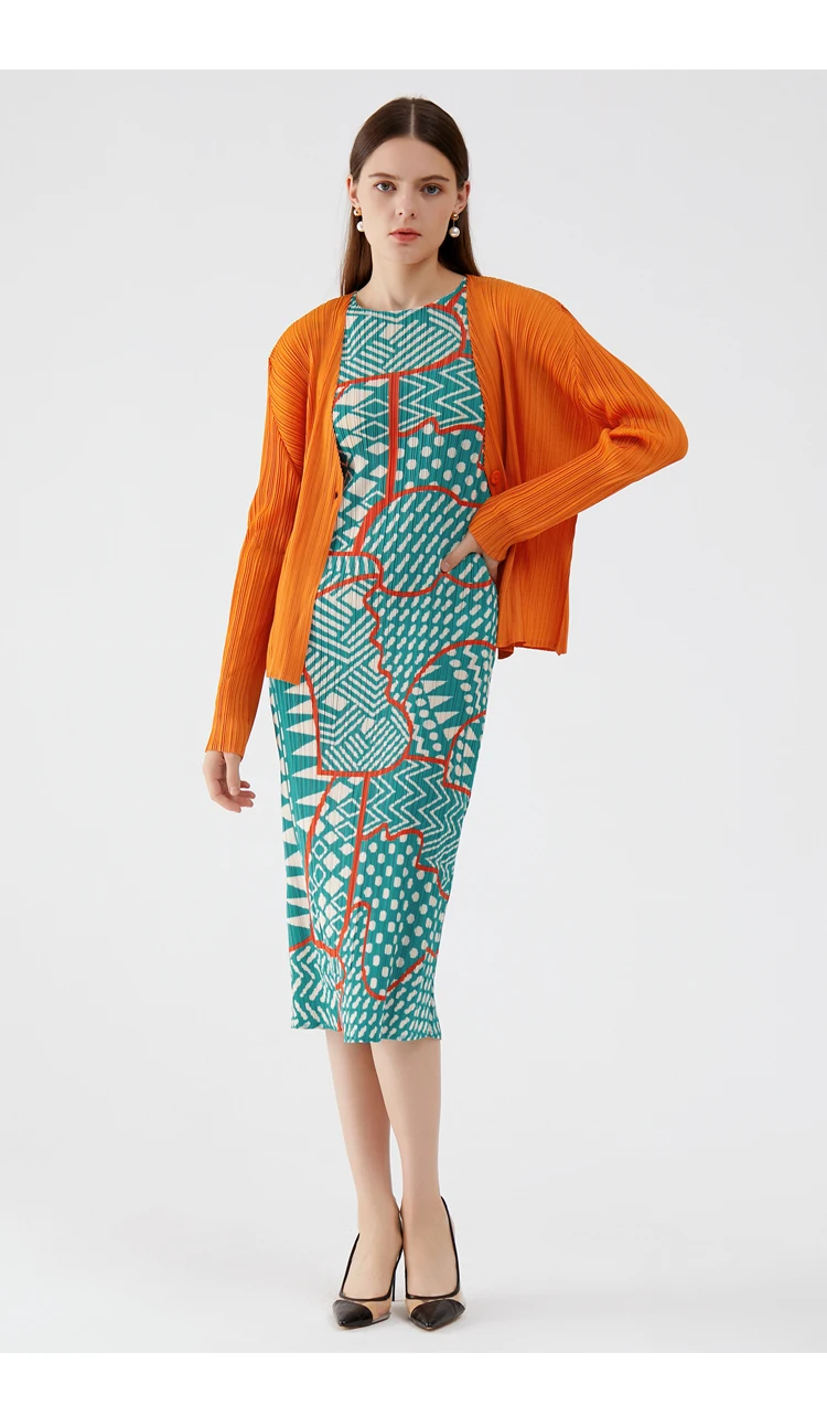 Miyake Pleated Dress Jacket Set Women’s Geometric Printed Long Elegant Crewneck sleeveless midi Vest Dresses and pleats drop-shoulder cropped Jackets Sets for woman in orange green Womens Summer Fall Autumn Japanese Issey Designer Outfits