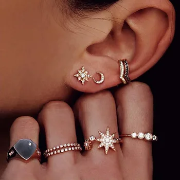 

Bohemian Moon Star Heart Shape Ear Stud Ring WOMEN'S Suit-Style Crystal Flower Earrings 9 Pieces