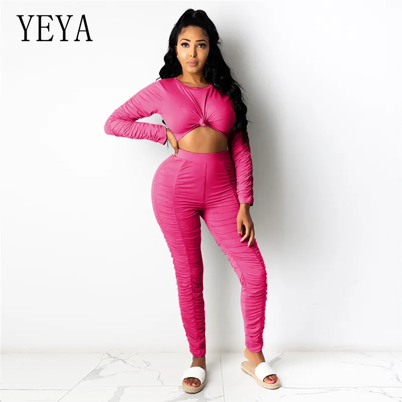 

YEYA Two Piece Sets Womens Outfits Autumn Winter Long Sleeve Bandage Crop Tops+Stacked Legging Pant Moto Biker Sport Sweatsuits