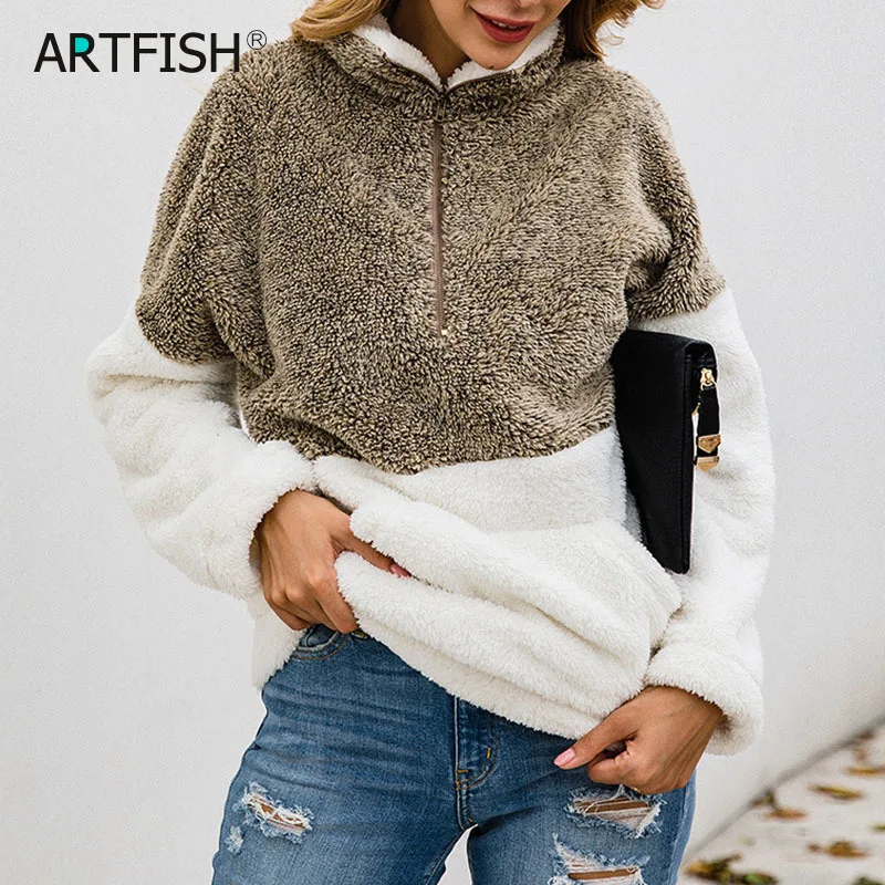 

2019 Winter New Warm Turtleneck Women Hoodies Shirts Zipper Sweatshirts Thick Fleece Patchwork Pockets Streetwear Moletom GV760