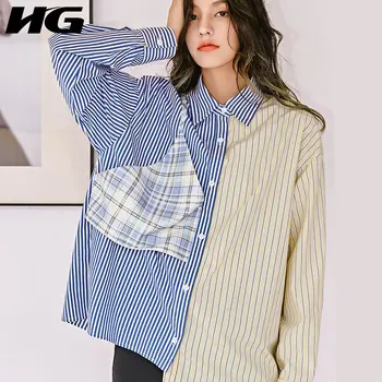 

HG Irregular Striped Shirt Fashion Loose Plus Size Womens Tops and Blouses Hit Color Long Sleeve Trend Women Clothes XJ3892