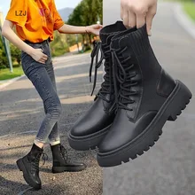 LZJ г. Женские ботинки байкерские ботинки на шнуровке на плоской подошве бордового цвета женские ботинки с пряжкой, женские мотоциклетные ботинки размер 35-39