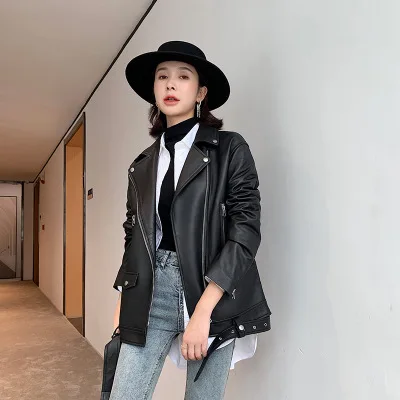 MESHARE Genuine Sheep Leather Jacket Women New Mid-Length Loose Motorcycle Real Leather Jacket R15