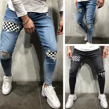 Pantalones vaqueros con agujeros para hombre, estilo Punk, elásticos, ajustados, Color puro, cintura alta, para pies pequeños, Otoño, 2021