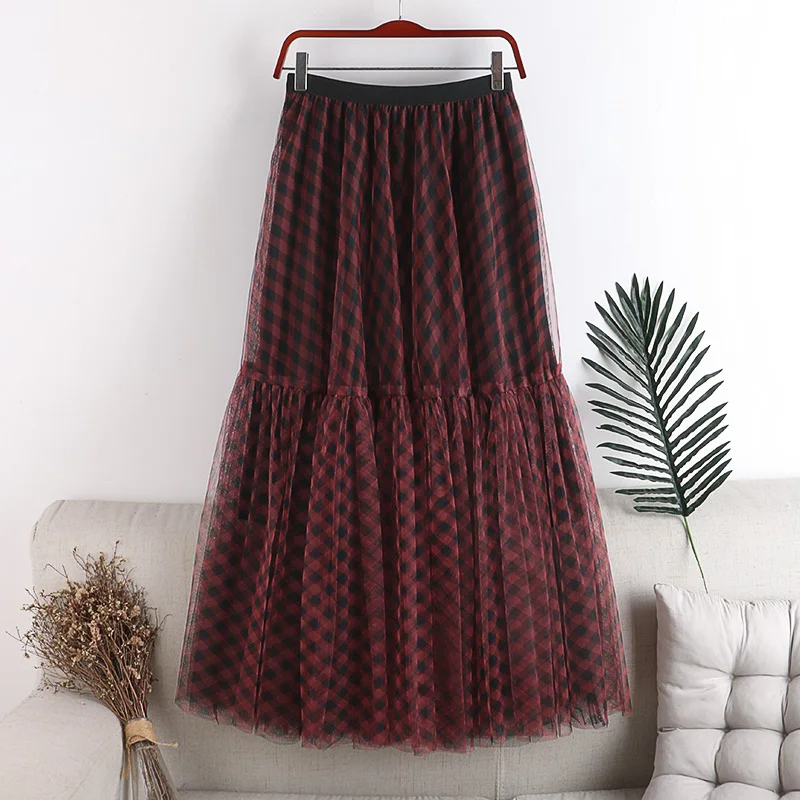 

Women Fashion Plaid Skirts High Waist Pleated Mesh Skirt Autumn Ladies Casual Stretchy Thickening Skirts 3 Layers