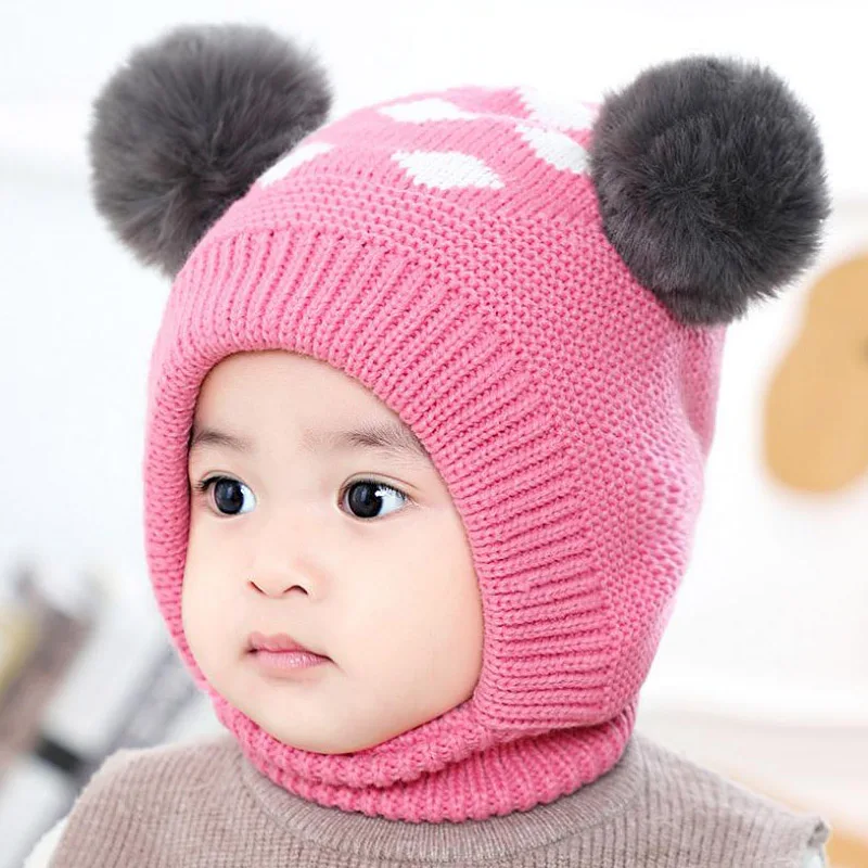 Doitbest/шапочки для маленьких мальчиков от 12 месяцев до 4 лет, зимние детские вязаные шапки с ушками для девочек - Цвет: rose