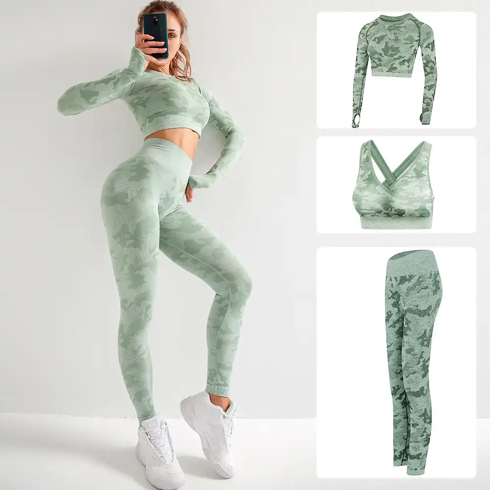 Conjunto deportivo de 3 piezas para mujer, Top y pantalones de camuflaje,  Sujetador deportivo, mallas, ropa deportiva para gimnasio, conjunto de  entrenamiento|Conjuntos de yoga| - AliExpress