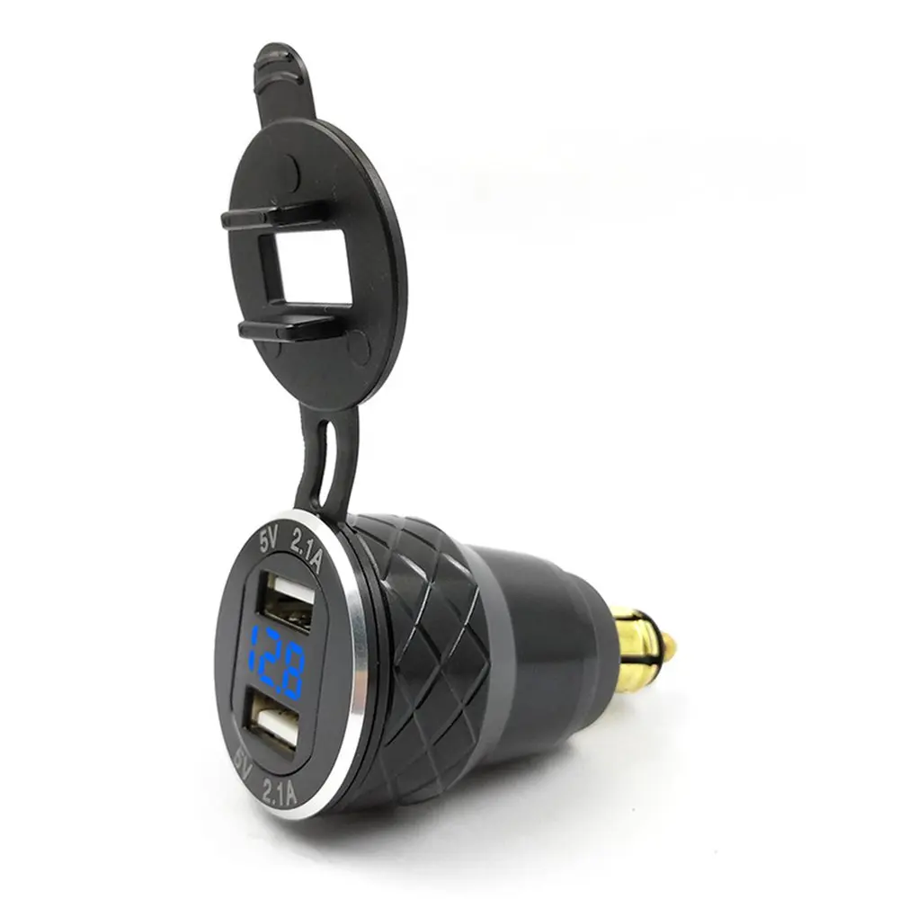 

Car Charger Charge Socket Dual USB Port LED Volt Display Phone Tablet Navigator Fast Charging AdapterBlack Shell Green Lamp