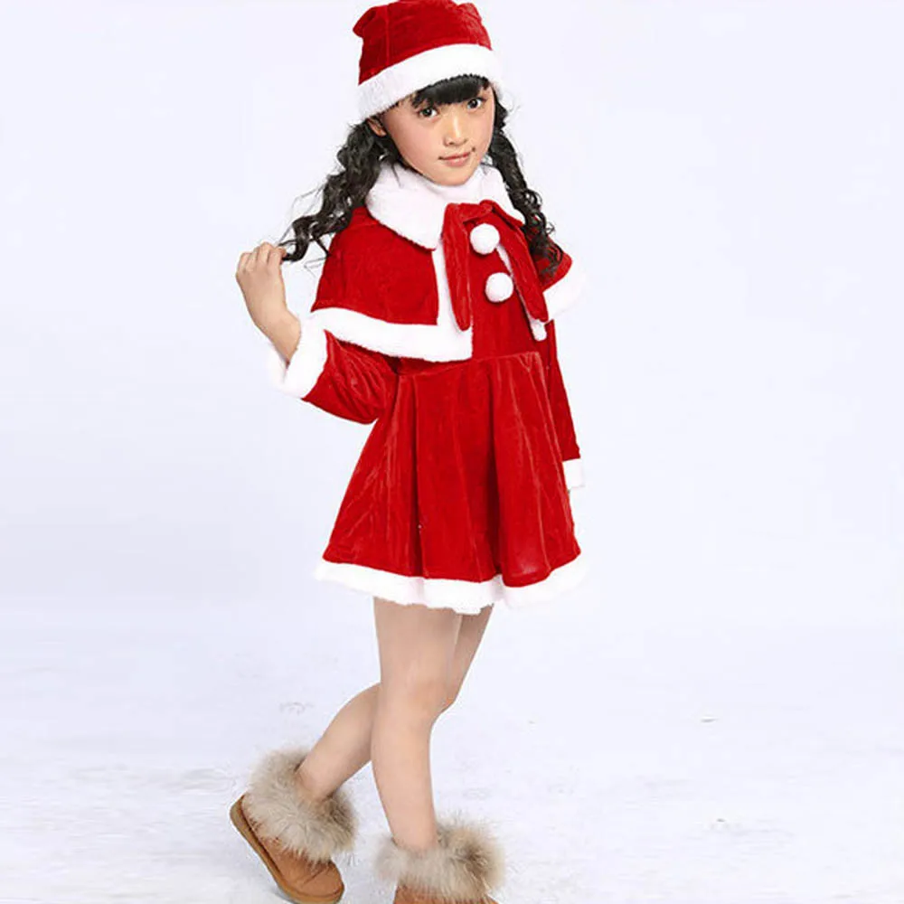 Комплект для девочек; Рождественская одежда для маленьких девочек; костюм; праздничное платье+ накидка+ шапка; одежда для детей; Navidad