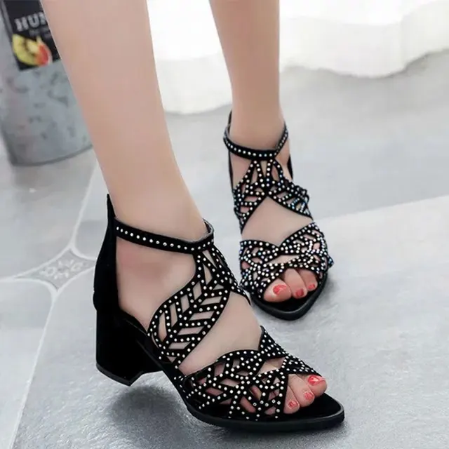 Leather Rhinestones Thick Heel Zipper Sandals Heels Women's Apparel Women's Shoes color: Black|Khaki